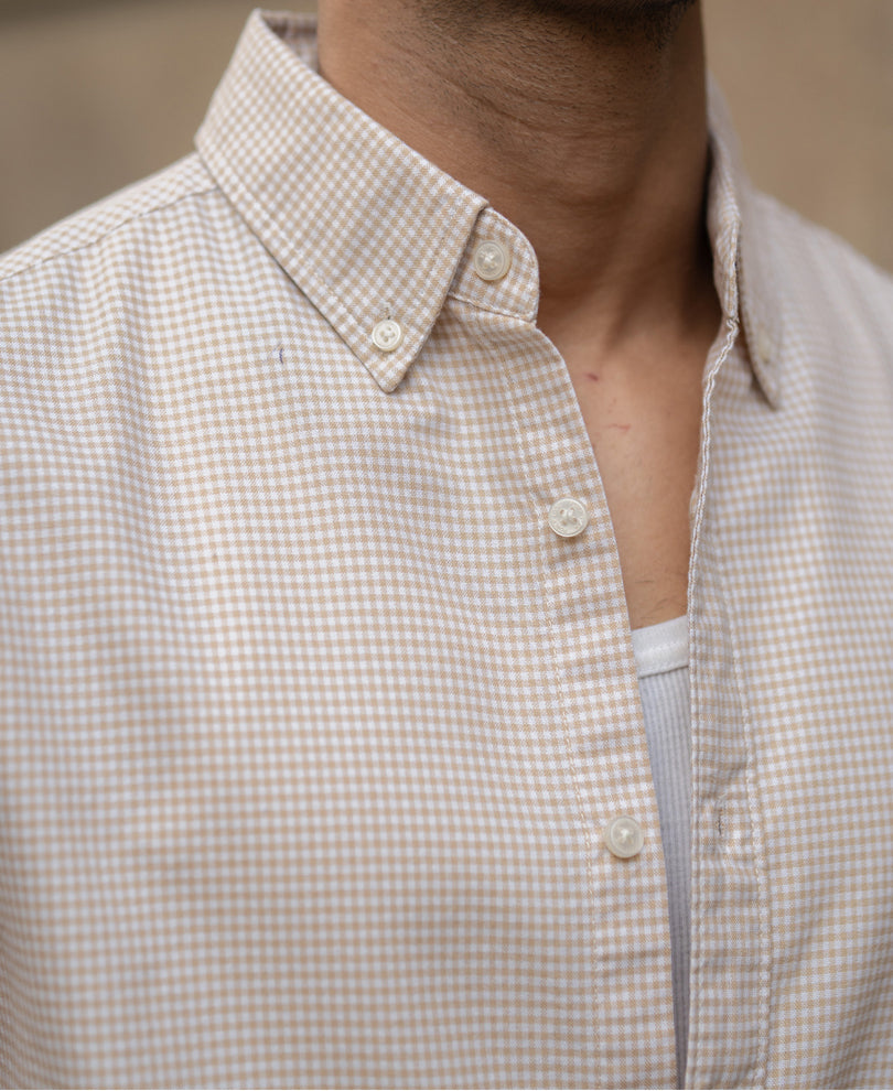 Beige Microchecks Oxford Shirt 100% Cotton