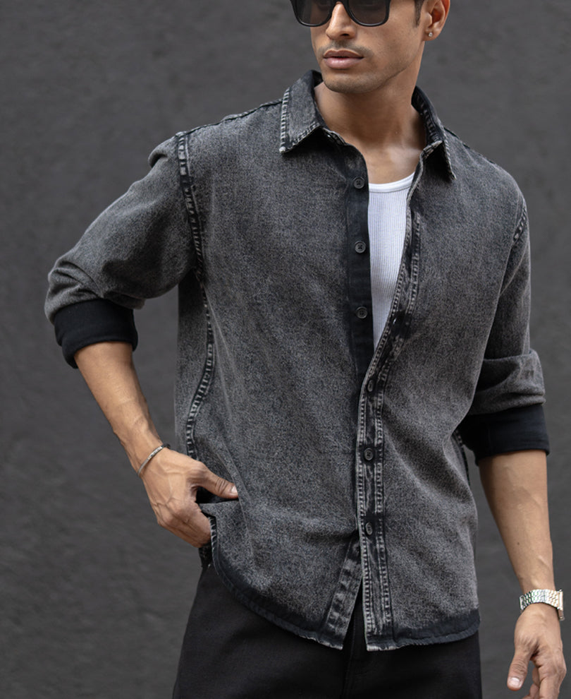 Charcoal Black Washed Denim Overshirt 100% Cotton