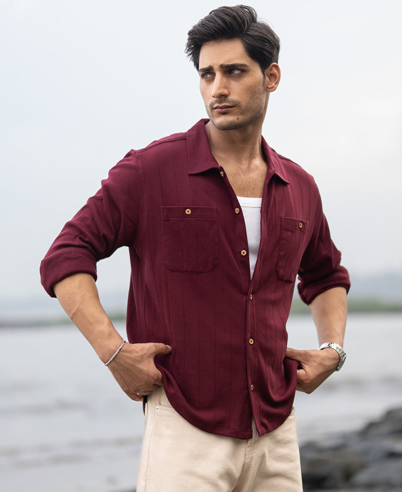 Wine Striped Knitted Shirt 100% Cotton