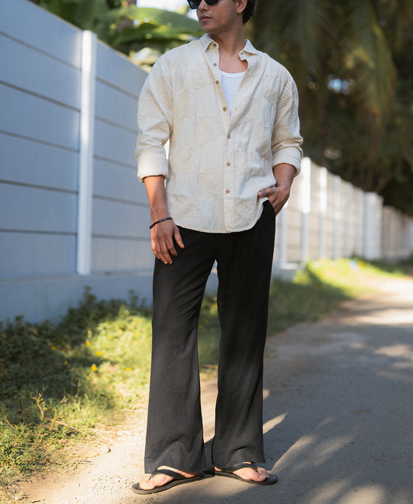 Natural Linen Blend Embroidered Shirt