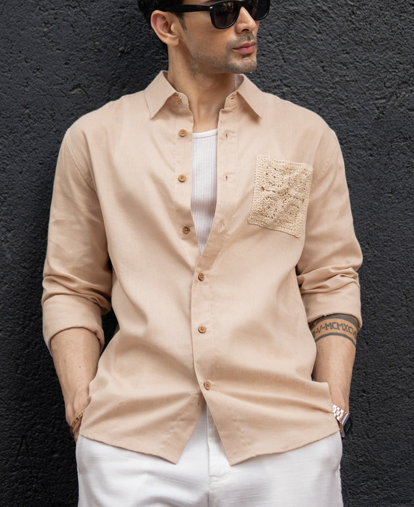 Beige Linen Crochet Patch Shirt