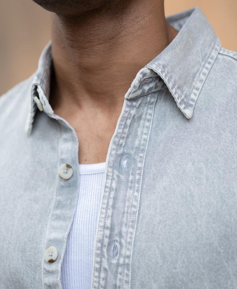 Grey Washed Denim Shirt 100% Cotton