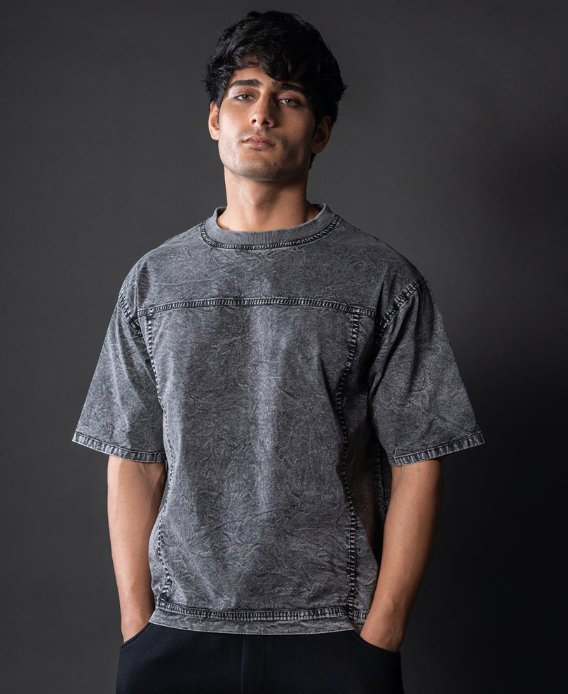 Grey Washed Panelled T-Shirt 100% Cotton
