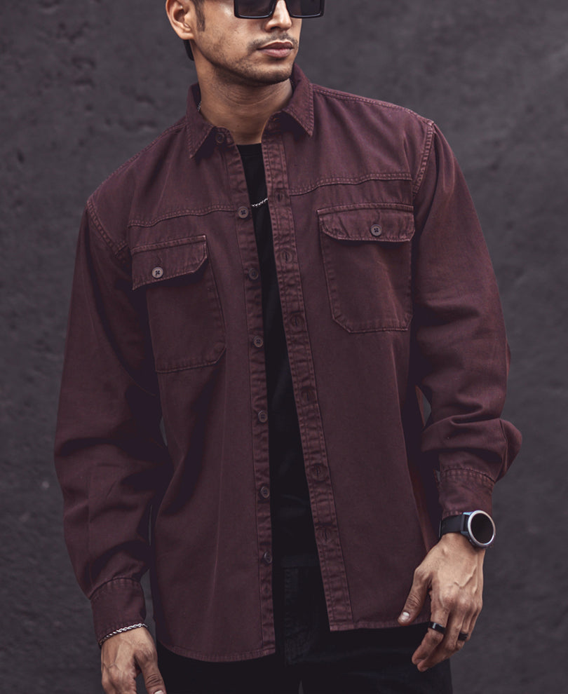 Dark Brown Denim Shacket Full Sleeves Shirt 100% Cotton