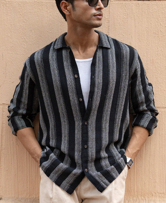 Black Structured Striped Shirt 100% Cotton