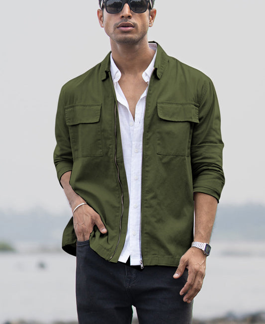 Olive Structured Zipper Overshirt 100% Cotton