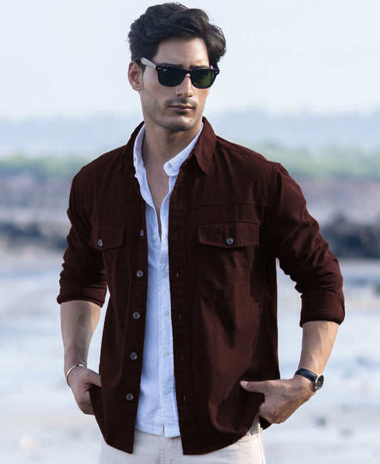 Wine Structured Overshirt With Pockets 100% Cotton