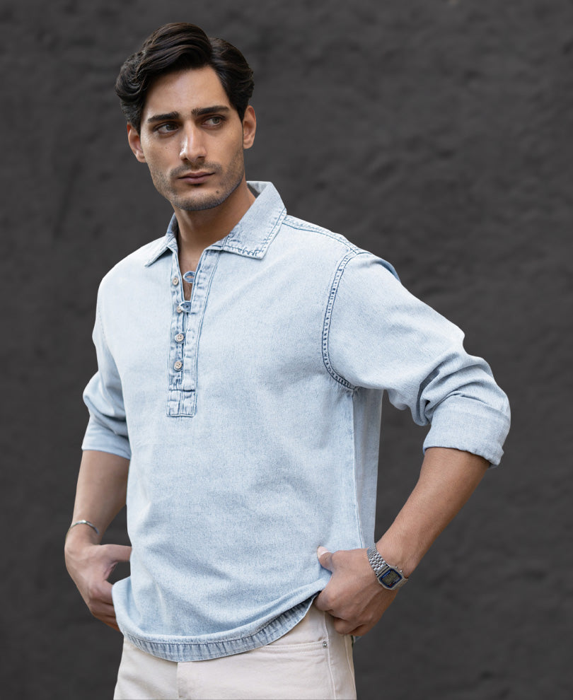 Light Blue Denim Kurta Shirt 100% Cotton