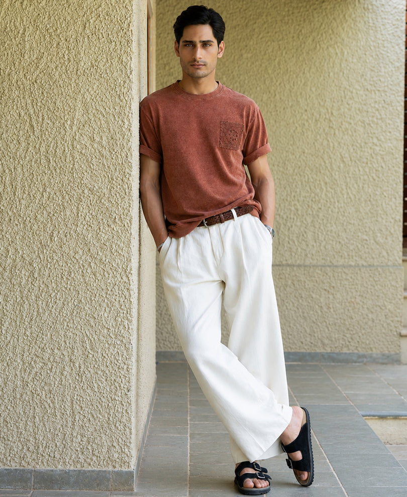 Brown Washed Crochet Patch T-Shirt