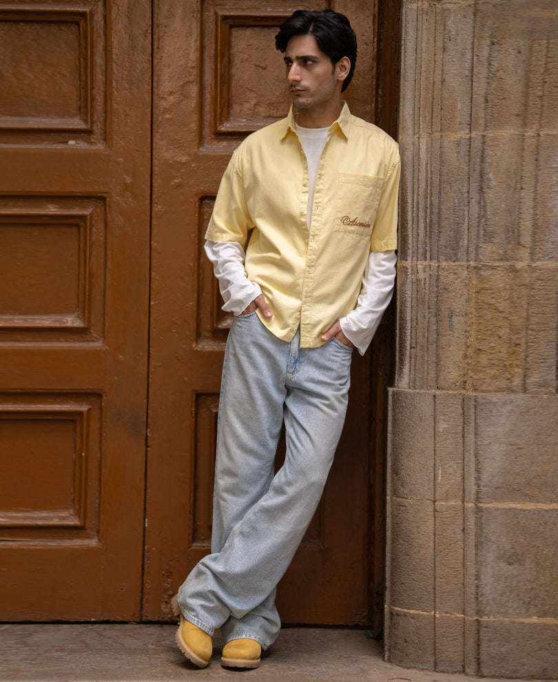 Butter Yellow Embroidered Boxy Shirt 100% Cotton
