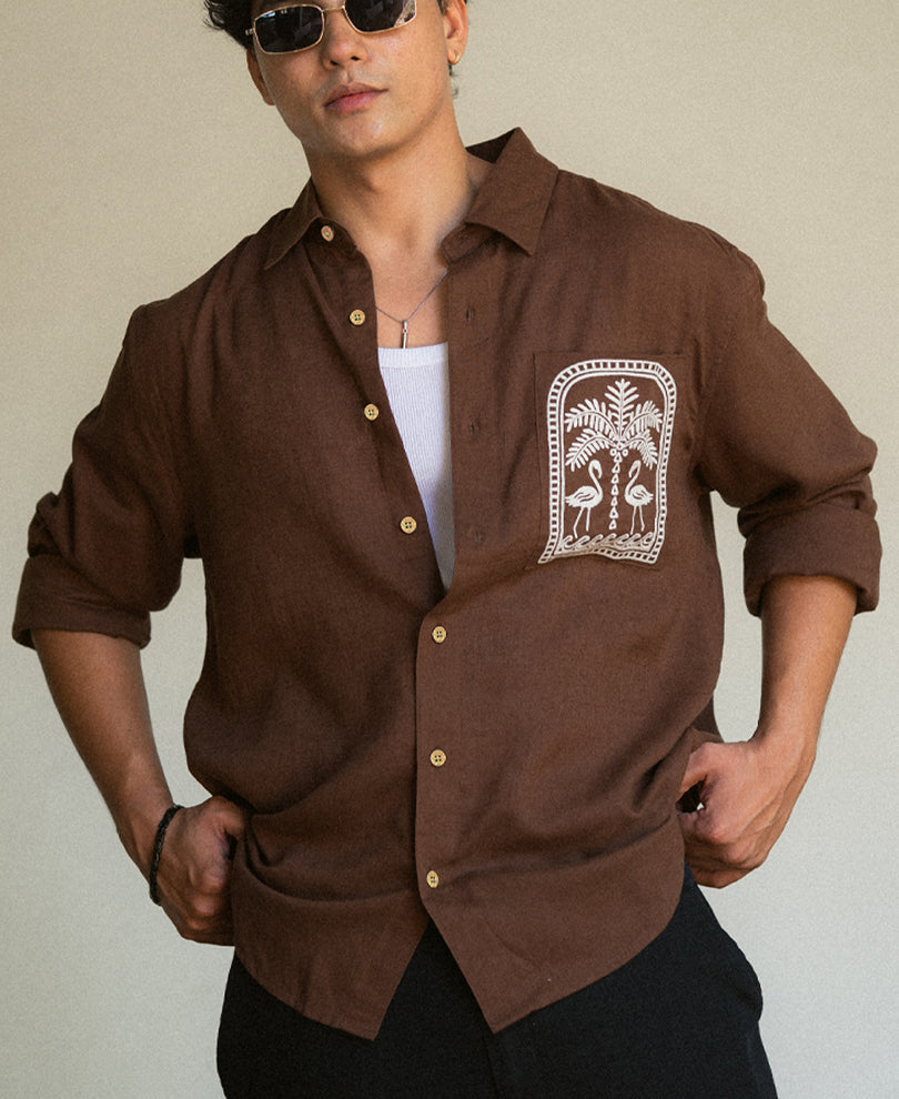 Brown Linen Blend Embroidery Shirt