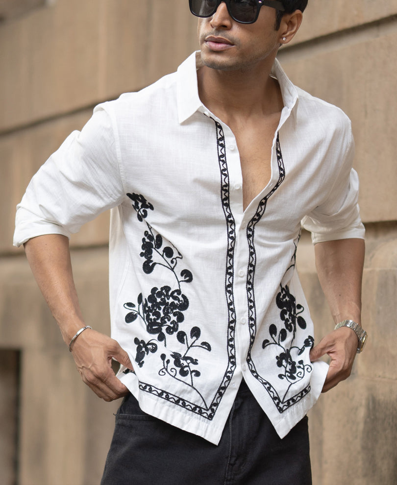 White Slub Embroidered Shirt 100% Cotton