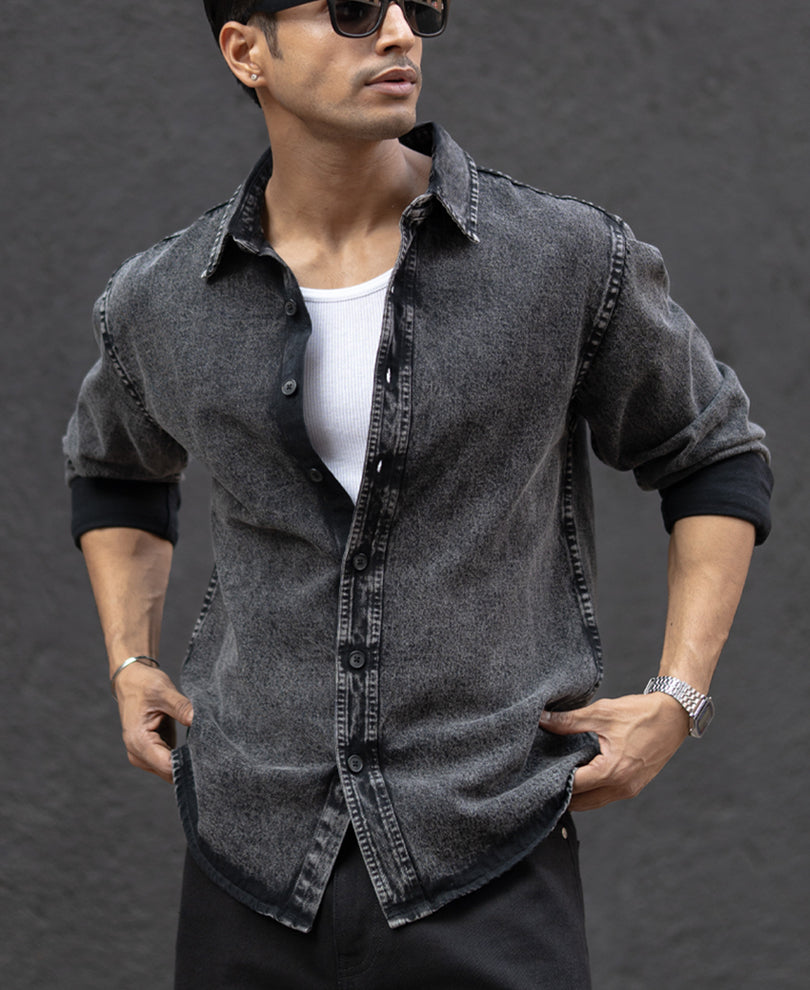 Charcoal Black Washed Denim Overshirt 100% Cotton