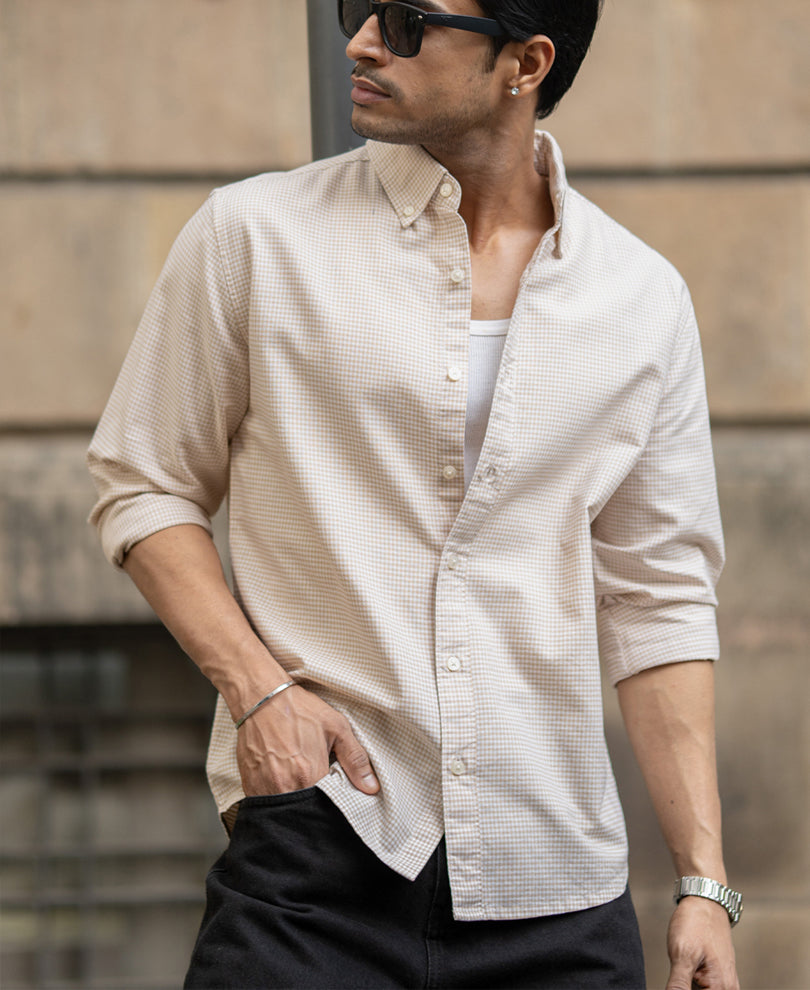 Beige Microchecks Oxford Shirt 100% Cotton