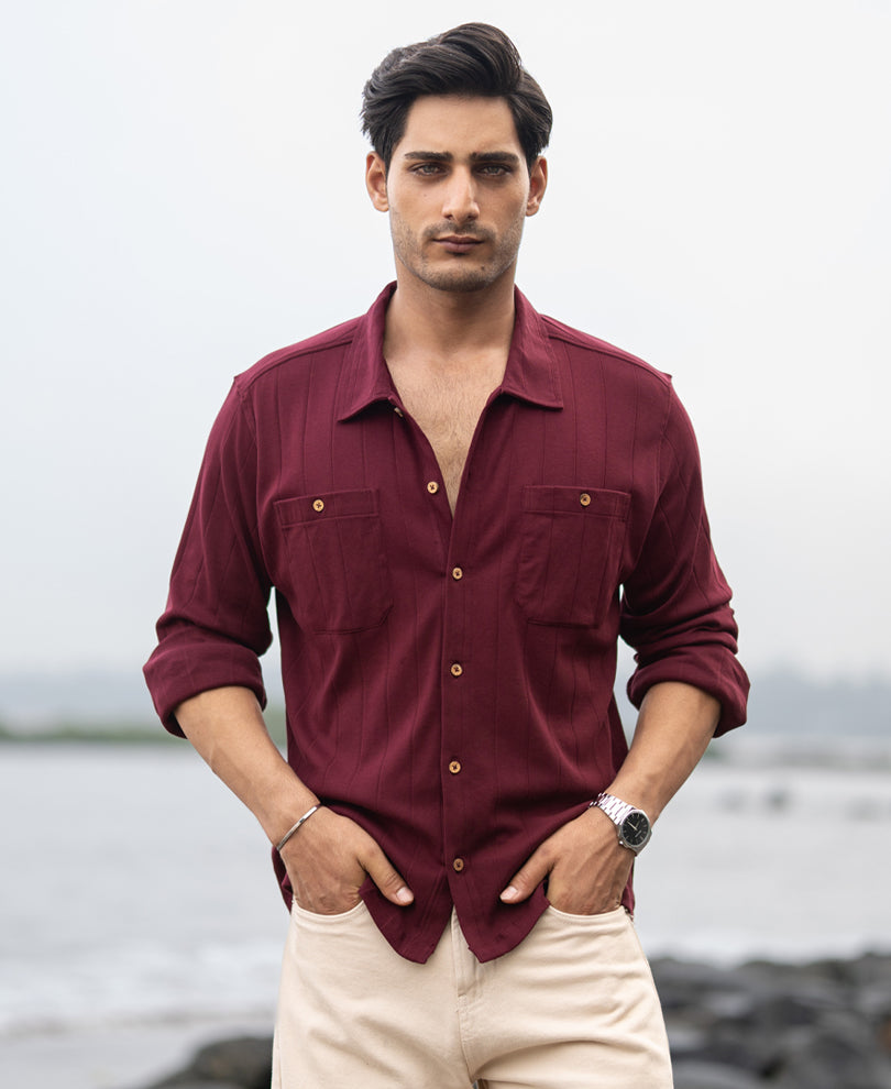 Wine Striped Knitted Shirt 100% Cotton