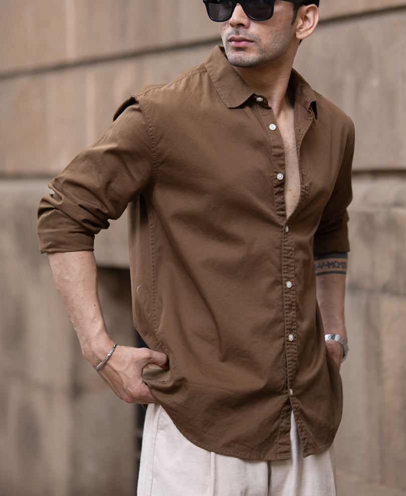 Tan Brown Washed Shirt 100% Cotton