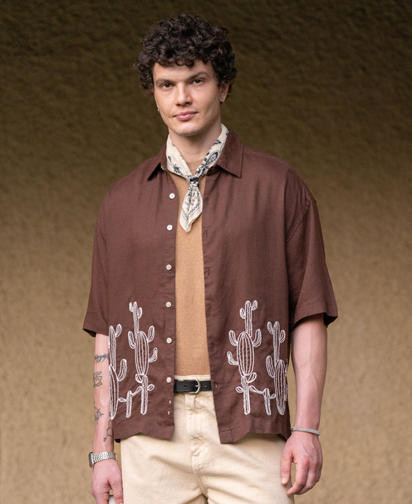 Brown Linen Blend Embroidery Shirt