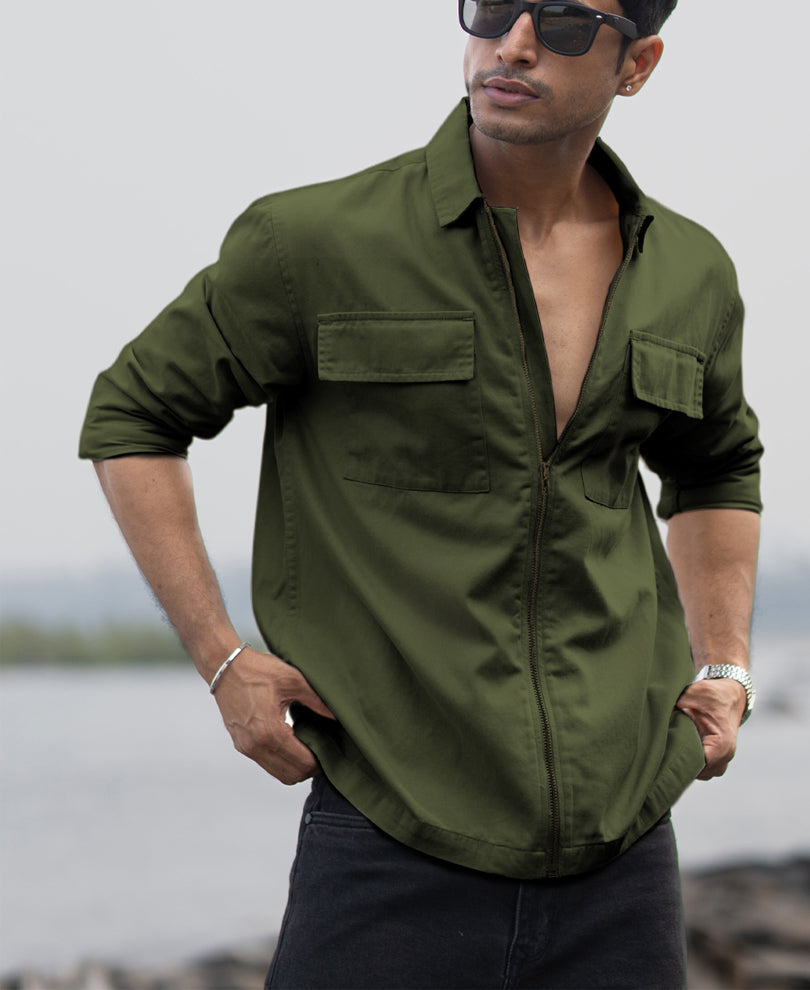 Olive Structured Zipper Overshirt 100% Cotton