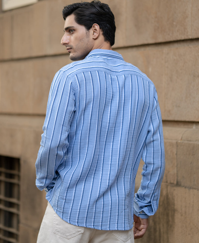 Blue Double Cloth Striped Shirt 100% Cotton