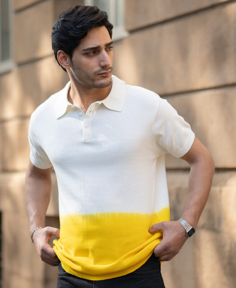 Yellow Ombre Knit Polo T-Shirt 100% Cotton