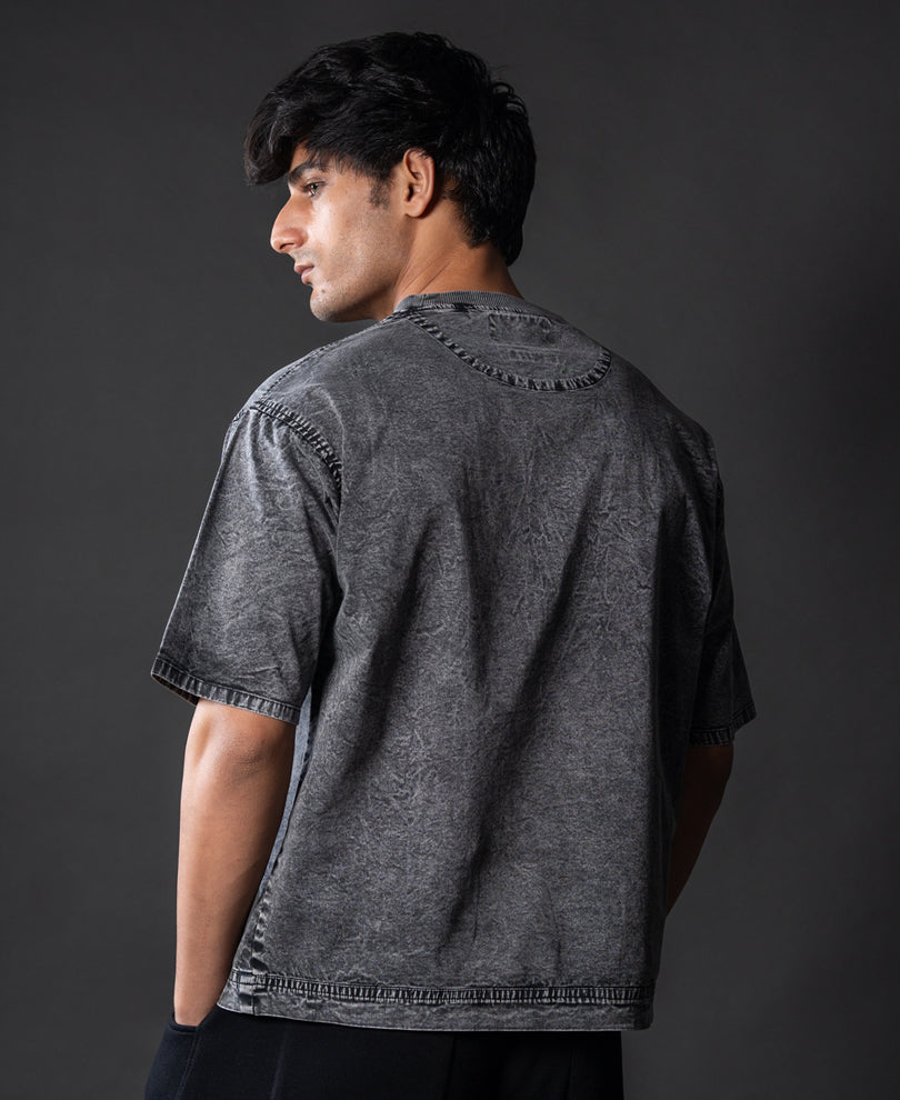Grey Washed Panelled T-Shirt 100% Cotton