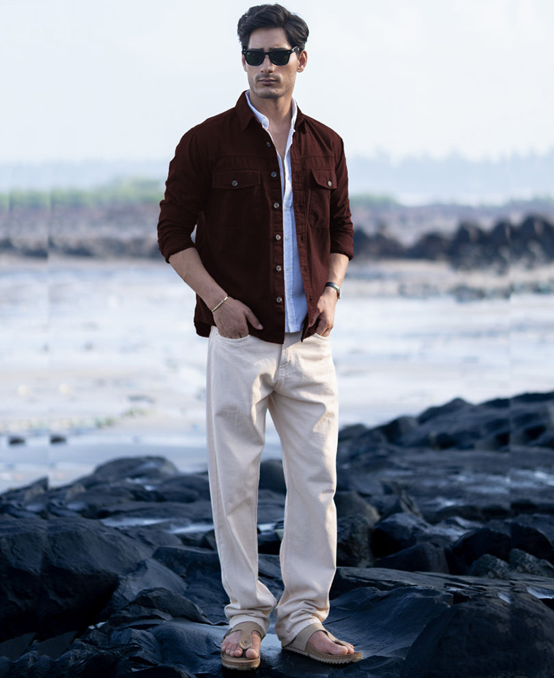 Wine Structured Overshirt With Pockets 100% Cotton