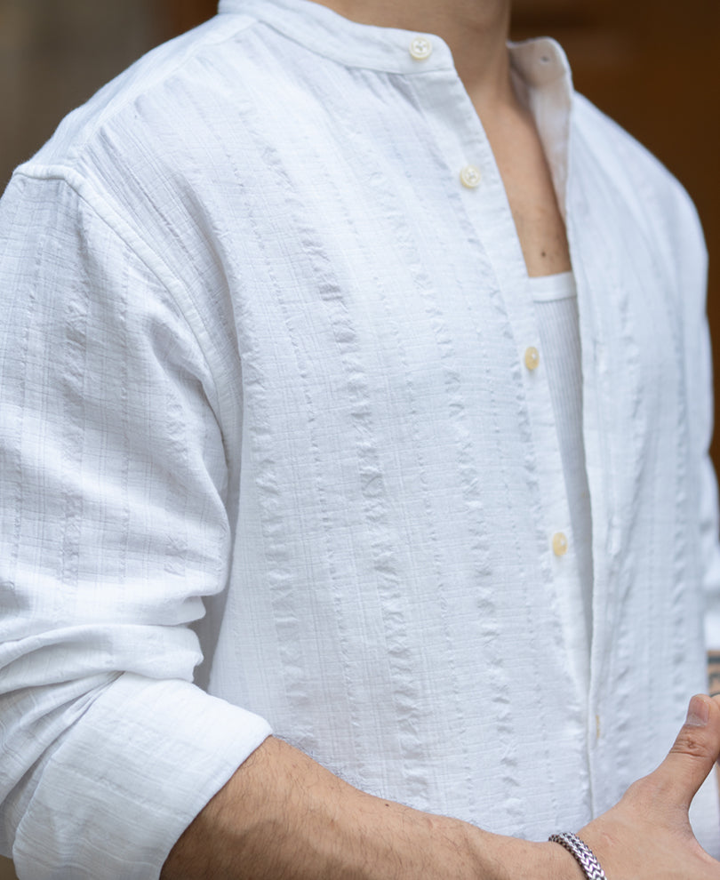 White Chinese Collar Structure Shirt