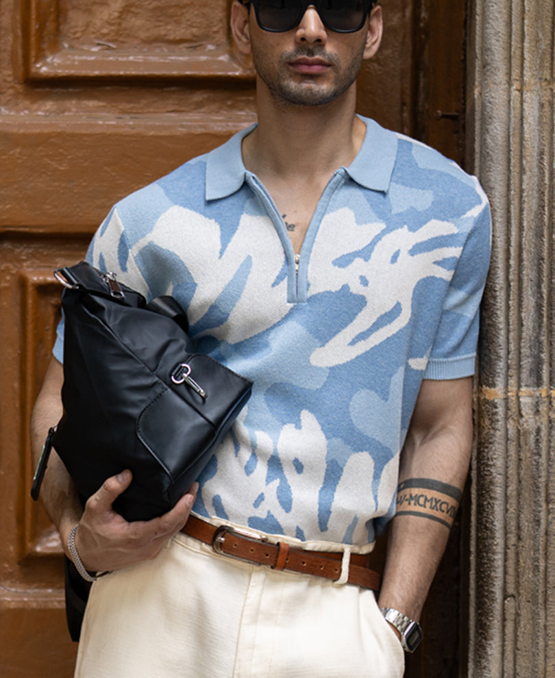 Blue Jacquard Knit T-Shirt 100% Cotton