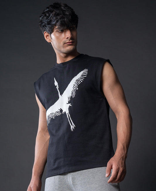 Heron Print Black Vest 100% Cotton