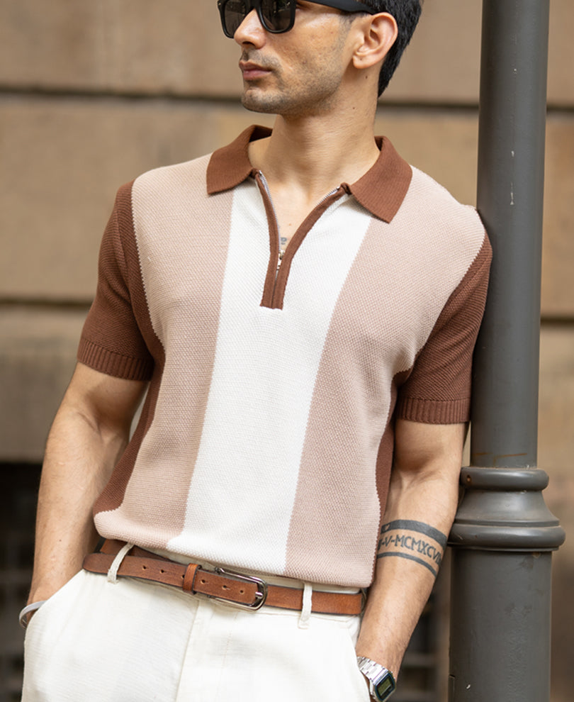 Beige & Brown Knit Stripe T-Shirt 100% Cotton