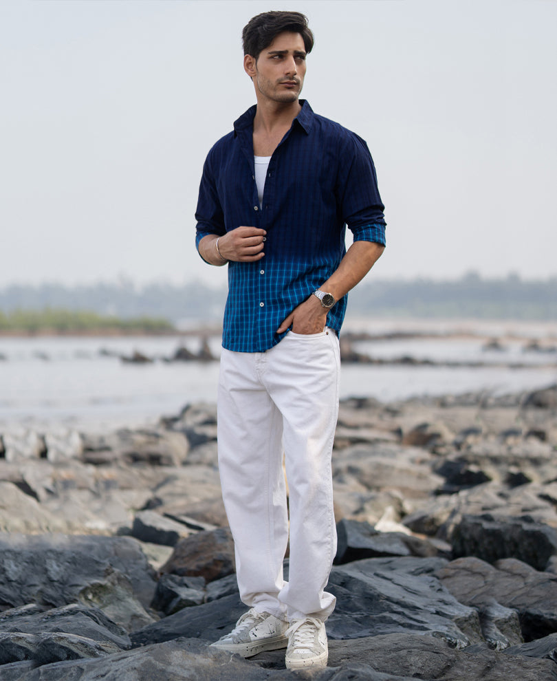 Blue Ombre Checks Shirt 100% Cotton