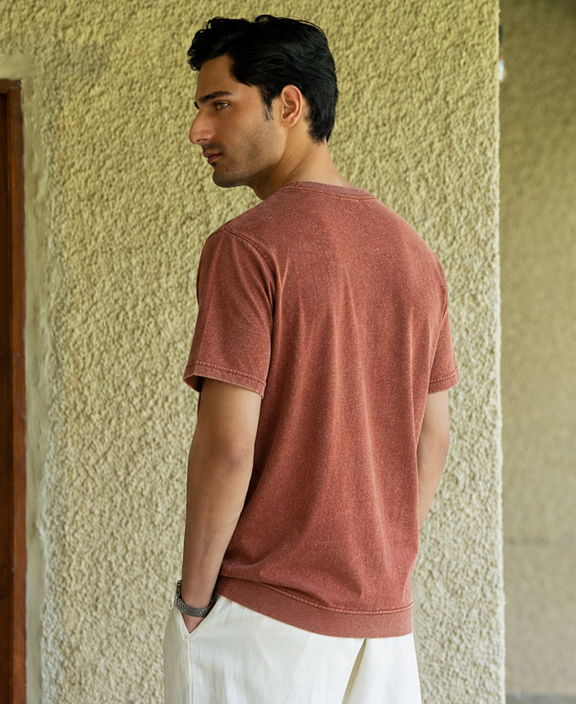 Brown Washed Crochet Patch T-Shirt