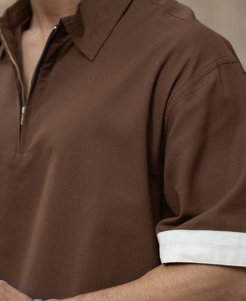 Dark Brown Boxy Fit Zipper Shirt 100% Cotton