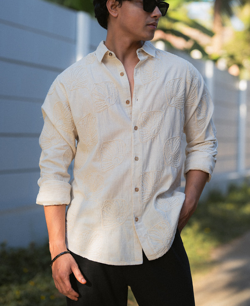Natural Linen Blend Embroidered Shirt
