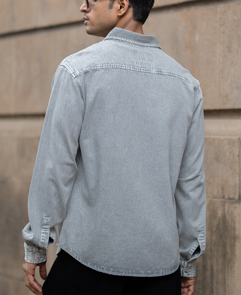 Grey Washed Denim Shirt 100% Cotton