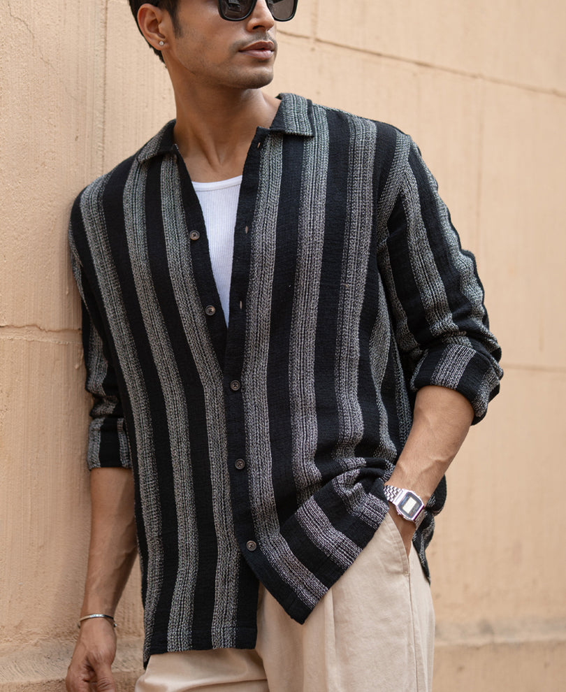 Black Structured Striped Shirt 100% Cotton