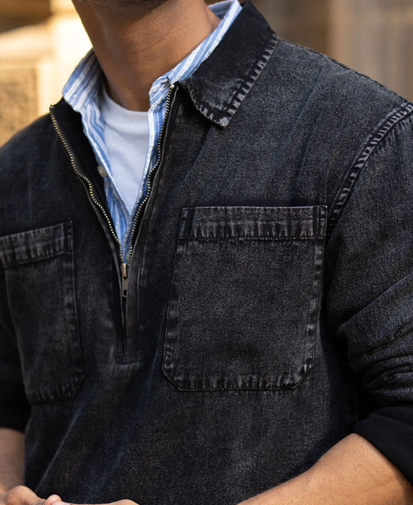 Black Washed Denim Polo Shirt 100% Cotton
