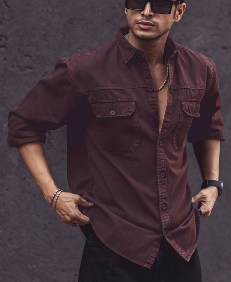 Dark Brown Denim Shacket Full Sleeves Shirt 100% Cotton