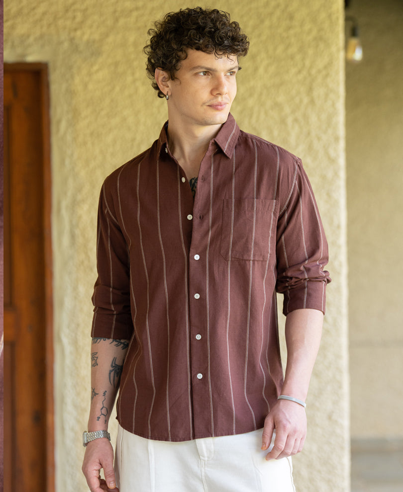 Brown Linen Blend Stripe Shirt