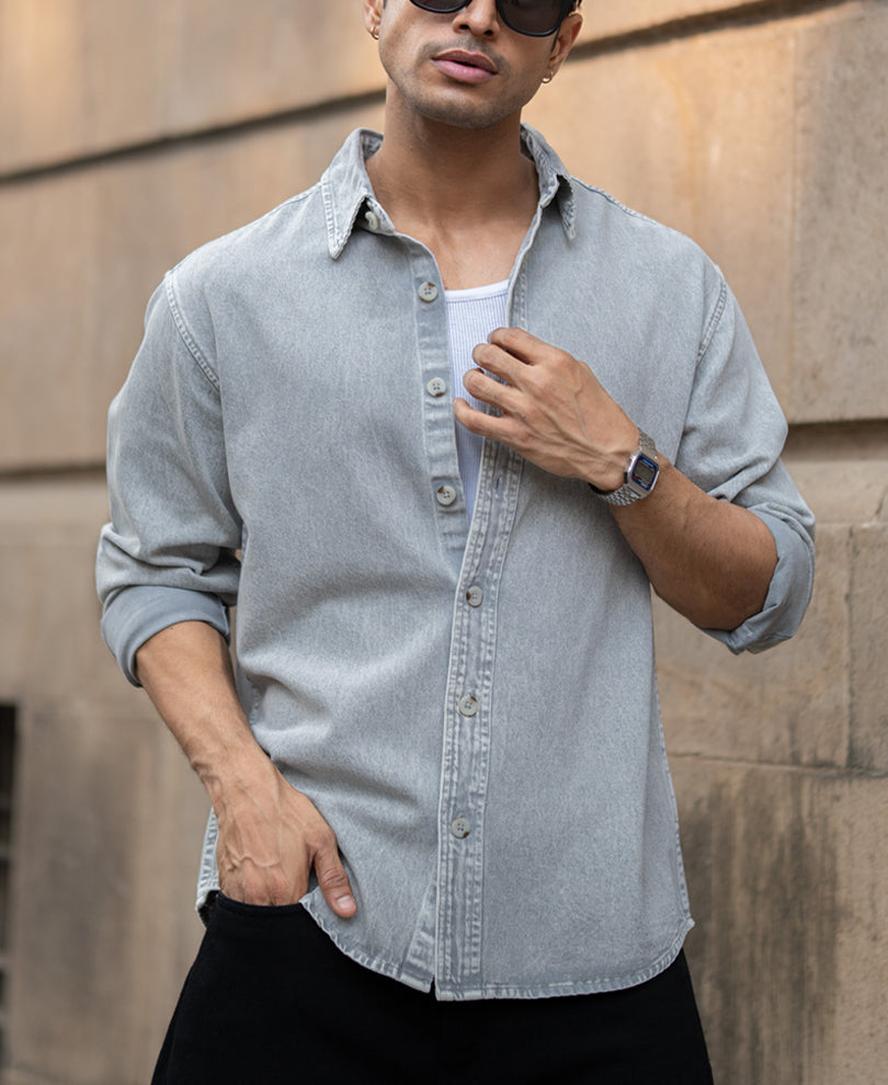 Grey Washed Denim Shirt 100% Cotton