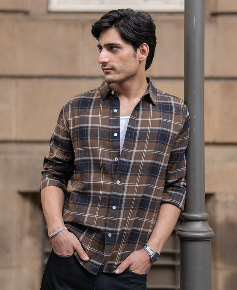 Brown Structured Checks Shirt 100% Cotton
