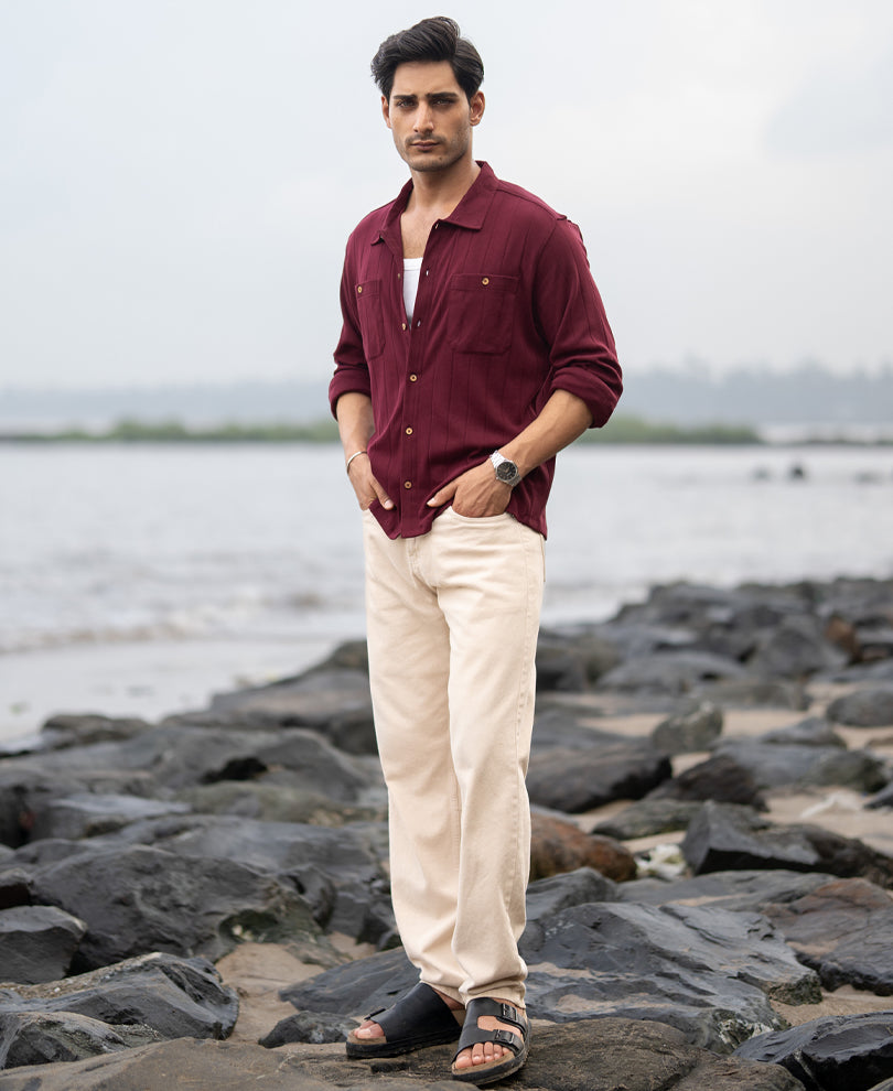 Wine Striped Knitted Shirt 100% Cotton
