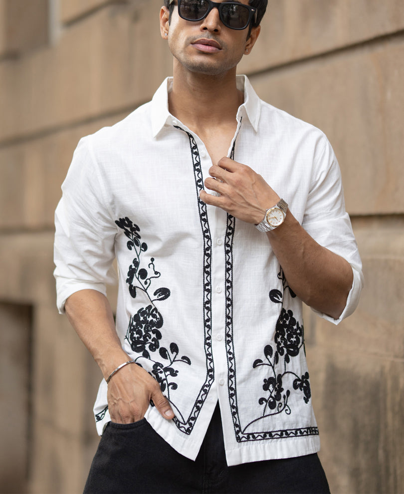 White Slub Embroidered Shirt 100% Cotton