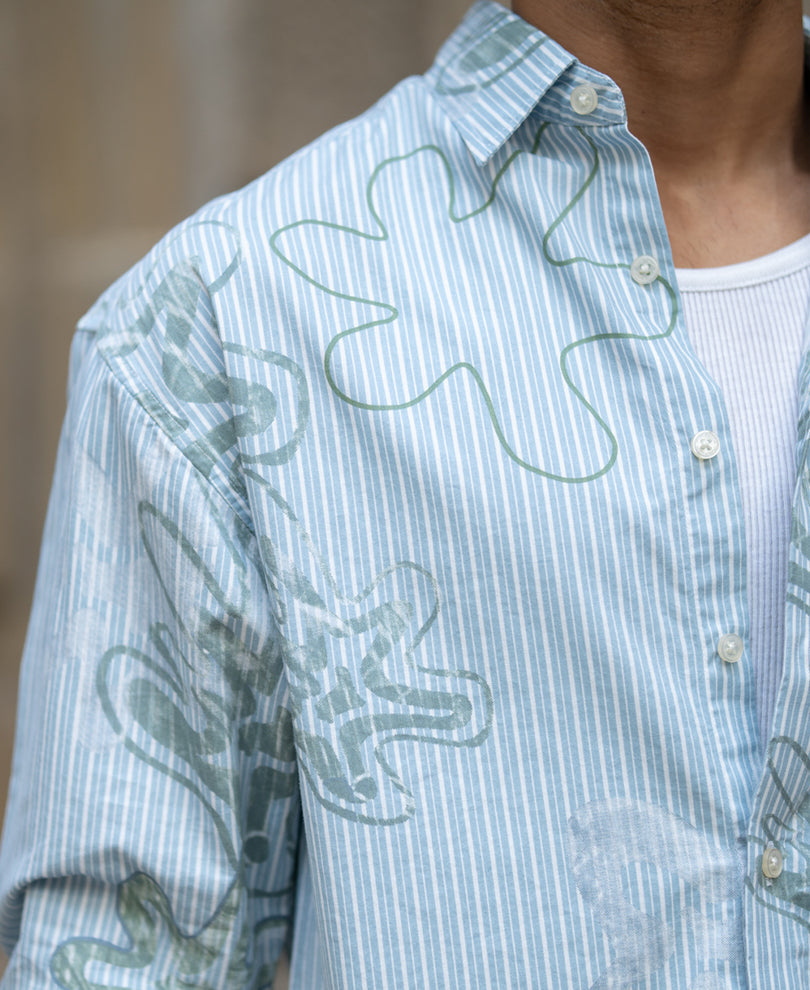 Blue Stripe Abstract Print Shirt 100% Cotton