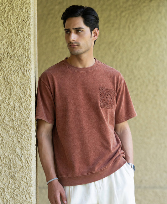 Brown Washed Crochet Patch T-Shirt