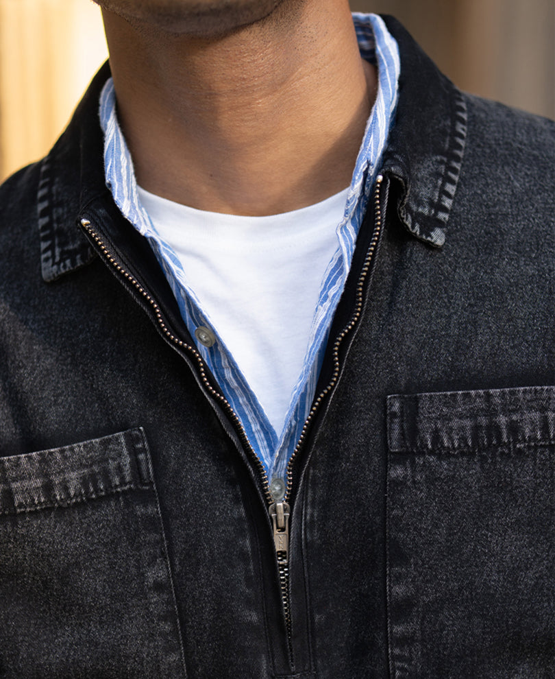 Black Washed Denim Polo Shirt 100% Cotton