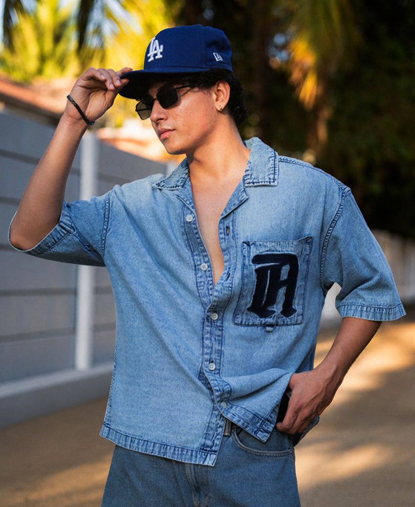 Blue Embroidered Denim Shirt 100% Cotton