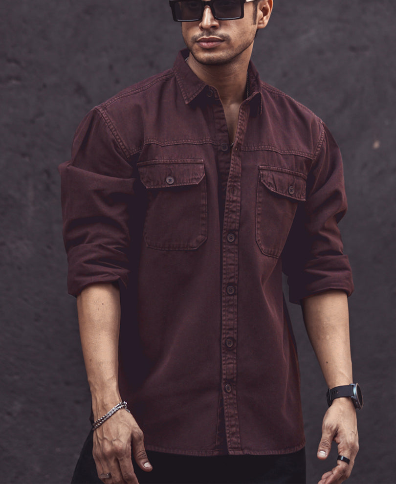 Dark Brown Denim Shacket Full Sleeves Shirt 100% Cotton