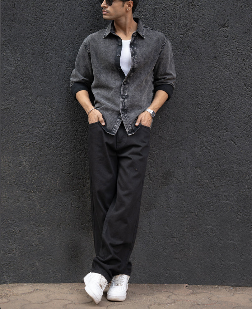 Charcoal Black Washed Denim Overshirt 100% Cotton