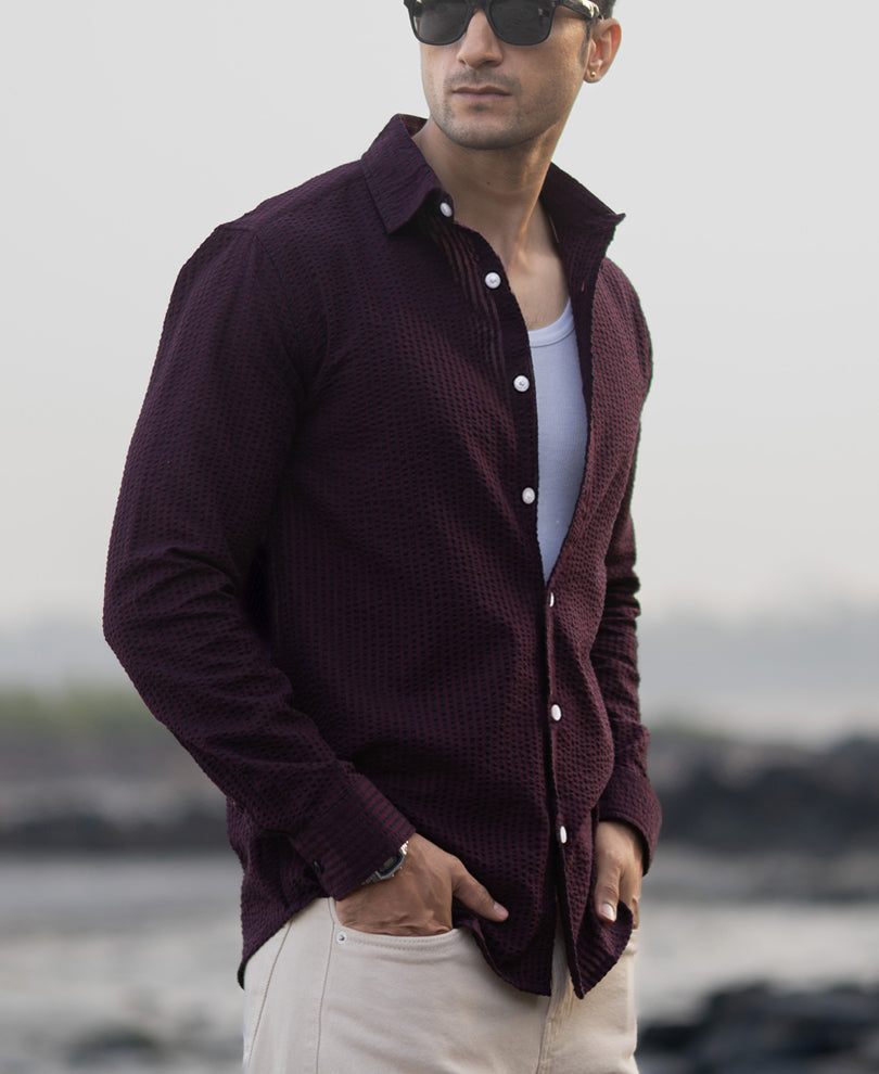 Wine Structured Striped Shirt 100% Cotton